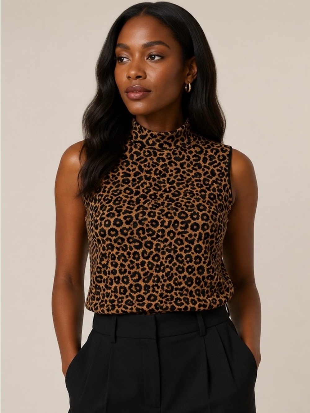 Marled Leopard Print Sleeveless Mock Neck Camisole - Brown & Black